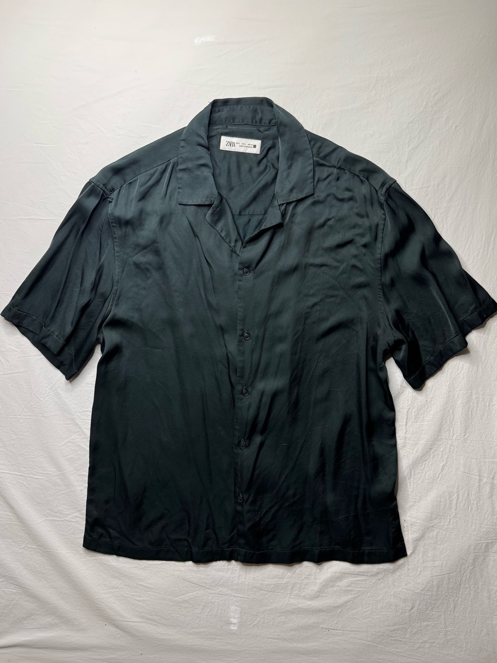 Zara - Men Dark Green Short Sleeve Button-Down Silk Shirt